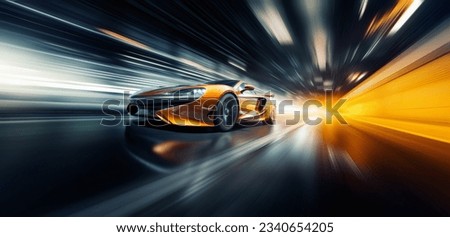 Yellow sports car riding on highway road. Car in fast motion. Fast moving supercar on the street. 3d illustration Foto d'archivio © 