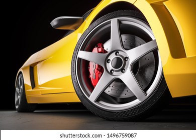 Yellow Sports Car  In Studio. Wheel And Brakes Closeup. 3d Render