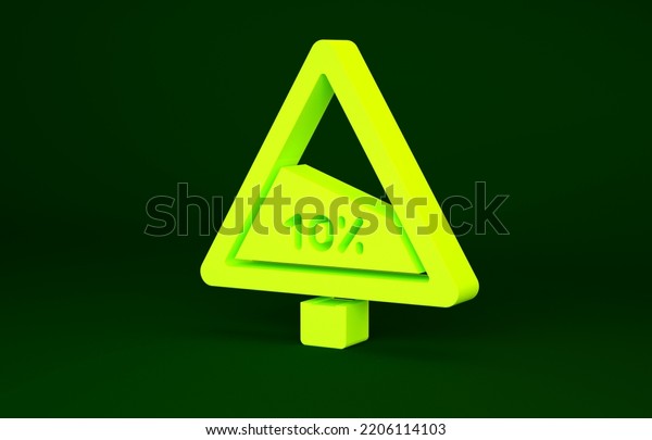 Yellow Steep ascent and steep\
descent warning road icon isolated on green background. Traffic\
rules and safe driving. Minimalism concept. 3d illustration 3D\
render.