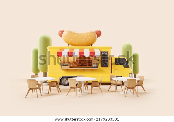 Yellow street food\
truck with hot dog on a rooftop, armchair with table. Cooking and\
eating area, yellow van isolated on beige background. Concept of\
food in park. 3D\
rendering