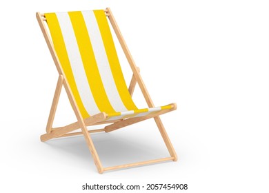 Yellow striped beach chair isolated on white background. 3d rendering of beach and ocean vacations and summer getaways