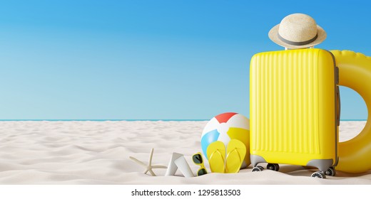 Yellow Suitcase With Beach Accessories On Sand. Travel Summer Vacation Concept. 3d Rendering