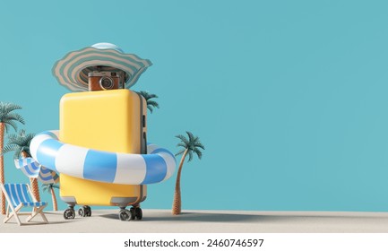 Yellow suitcase with beach accessories. summer travel, vacation concept. 3d rendering - Powered by Shutterstock