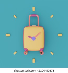 Yellow Suitcase With Clock,time To Travel Concept,vacation Planning,holiday,Ready For Travel.3d Render.