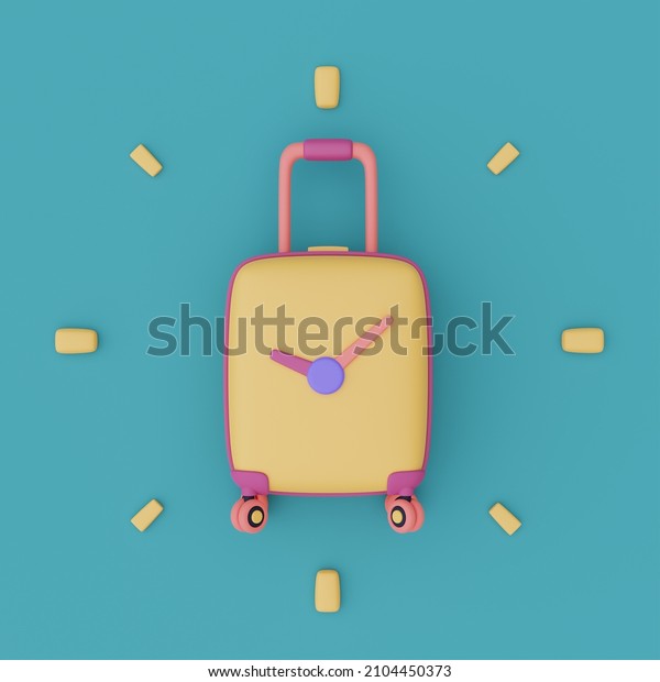 Yellow\
suitcase with clock,time to travel concept,vacation\
planning,holiday,Ready for travel.3d\
render.