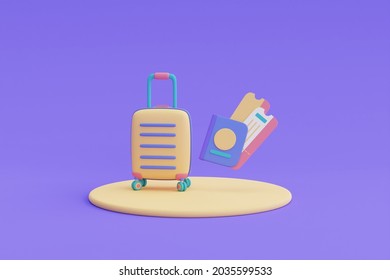 Yellow Suitcase With Passport And Ticket,Tourism And Travel Concept,holiday Vacation,Ready For Travel,3d Render.