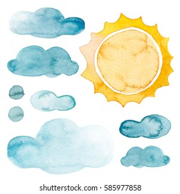 Yellow sun and blue clouds watercolor isolated weather set