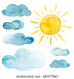 Yellow sun and blue clouds watercolor isolated weather set
