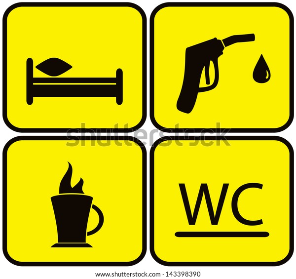 yellow symbol set with gas station, bed, wc and coffee\
cup 