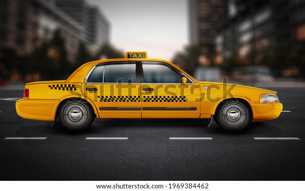 Yellow taxi cab on\
the road. 3D\
illustration.