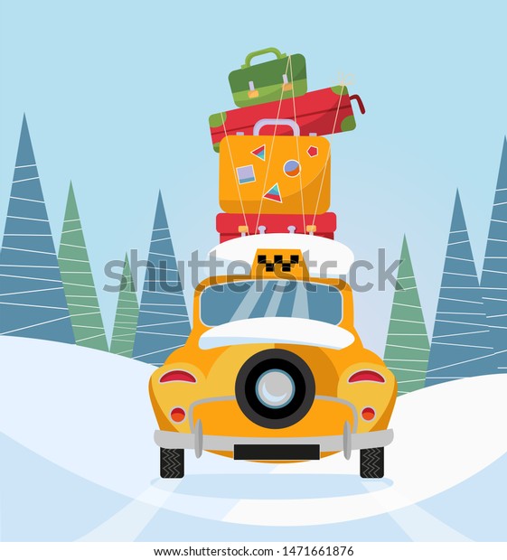 Yellow taxi car back\
view. Taxi with a stack of luggage on the roof driving through\
winter snowy forest. Long ride in the suburbs. Cute old car. flat\
cartoon\
illustration