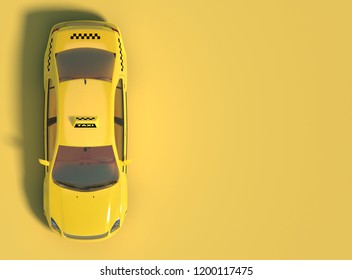 Yellow taxi car on a yellow background with free space for text or logo. Top view. 3D rendering.