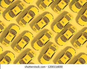 A lot of yellow taxi cars on a yellow background move erratically. Top view. 3D rendering.