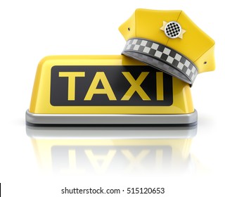 Yellow taxi driver cap on taxi car roof sign - 3D illustration