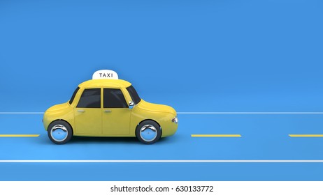 Yellow Taxi On Road Blue Background 3d Rendering