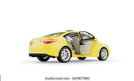 Yellow Taxi with open door 3D rendering isolated on white background. Rear view.