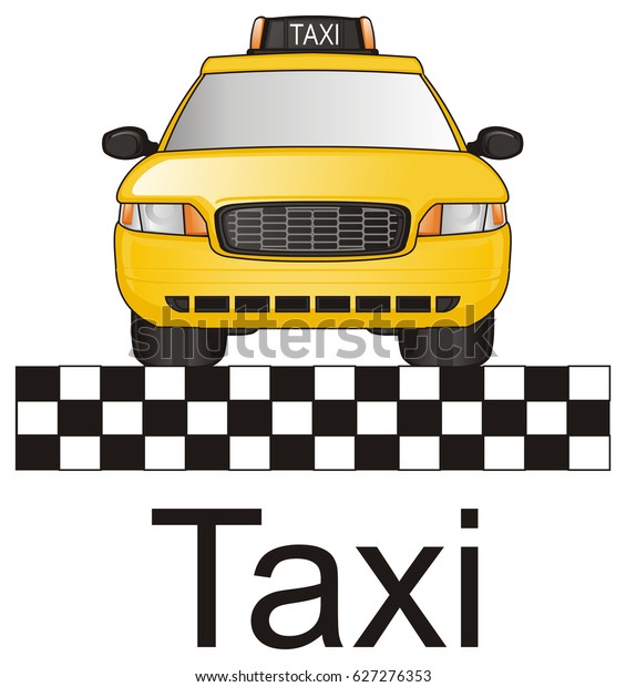 yellow taxi with word and
checkerboard