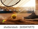Yellow tennis ball strikes the red clay court with dust rising, close to a foot and racket in 3D environment. Concept of precision and focus for executive decision-making and leadership training