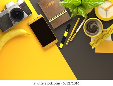 Yellow Themed Top Down View Of A Business Desktop With A Smartphone, Office Accessories,a Journal, Coffee And Snacks. 3D Illustration Render.