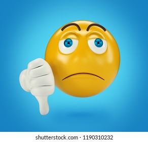 Yellow Thumb Down Emoji On Blue Background, 3d Illustration