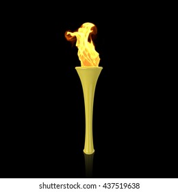 Yellow Torch On Black Background. Sport Flame. Torch Fire. Torch Flame. Olympic Torch. Paralympic Torch. 3D Render.