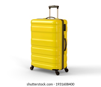 Yellow travel suitcase on white background. 3D rendering illustration.