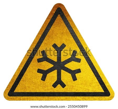 Yellow triangular warning sign with a snowflake symbol, indicating caution for icy or cold conditions.