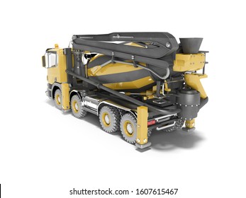 Yellow truck mixer with pump for concrete with conveyor belt isolated 3D rendering on white background with shadow