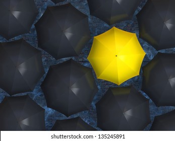 Yellow umbrella. Bright yellow umbrella among set of black umbrellas.