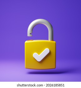 Yellow Unlocked Padlock Icon With White Check Symbol Isolated Over Purple Background. Security Concept. 3D Rendering.