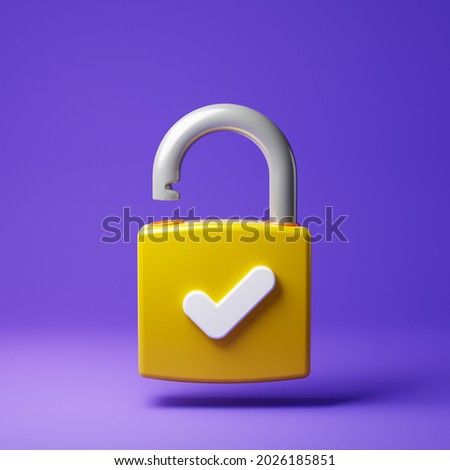 Yellow unlocked padlock icon with white check symbol isolated over purple background. Security concept. 3D rendering. Stock foto © 