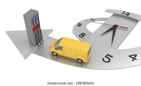 Yellow Van Driving To The Gas Station On The Clock. 3d Rendering