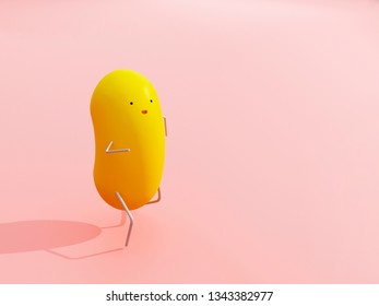 Yellow Vitamin Pill - 3d Render Illustration. Funny Corn Character For Kids. Mascot For An Ad Banner With A Cute Bean. Proper Breakfast With Vitamins