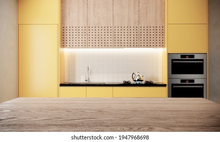 Yellow Wall Kitchen Room Interior For Mock Up Apartment, Condominium Or House. 3d Rendering Modern Kichen Interior With Yellow Paint Color Wall And Wooden Floor.