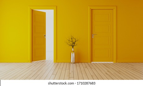 yellow wall with yellow opened door and closed door, white wooden floor, chrome vase and dry plant realistic 3D rendering