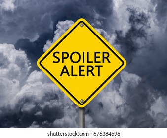 Yellow Warning Sign "Spoiler Alert" with Dark Clouds