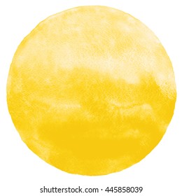 Yellow watercolor circle isolated on white. Round background with space for text. Watercolour stains abstract texture. Uneven edges.