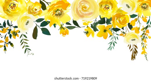 Yellow Watercolor Floral Drop Isolated On White Background.