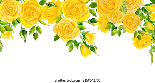 Yellow watercolor roses seamless horizontal border. Botanical flowers background. Wedding invitation and congratulations on the holiday. Postcard and printing on fabric.