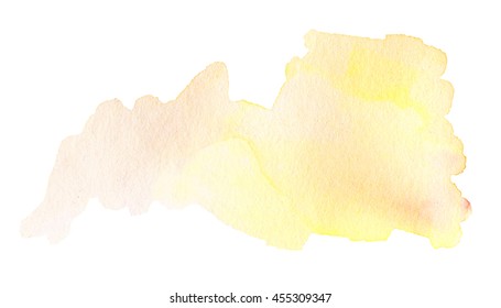 Yellow Watercolour Hand Painted ink spot textured background. Tag, message for your design. Autumn colors