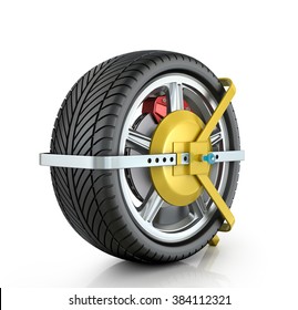 Yellow Wheel Clamp On A White Background.