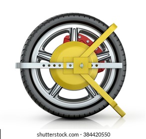 Yellow Wheel Clamp On A White Background.