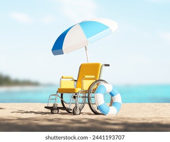 Yellow wheelchair and beach accessories, summer vacation, holiday trip for disabled people. Concept of inclusive traveling and transportation. 3D rendering illustration - Powered by Shutterstock