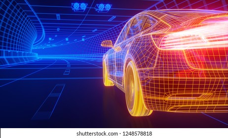 Yellow wireframe Modern Electric car rides through Blue tunnel 3d rendering
