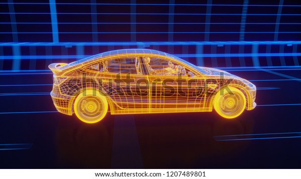 Yellow wireframe Modern Electric car rides\
through Blue tunnel 3d\
rendering