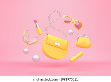 Yellow women's bag, purse, lipstick, mirror, sunglasses flying over pink background. Fashion concept. 3D rendering - Powered by Shutterstock