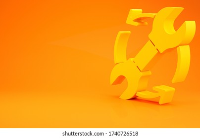 Yellow Wrench Spanner And Arrows As Workflow Icon Isolated On Orange Background. Adjusting, Service, Setting, Maintenance, Repair, Fixing. Minimalism Concept. 3d Illustration 3D Render