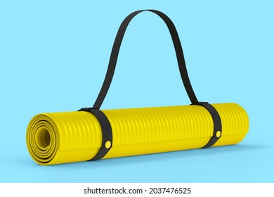 Yellow Yoga Mat Or Lightweight Foam Camping Bed Roll Pad Isolated On Blue Background. 3d Rendering Of Sport Equipment For Fitness, Yoga And Active Workout