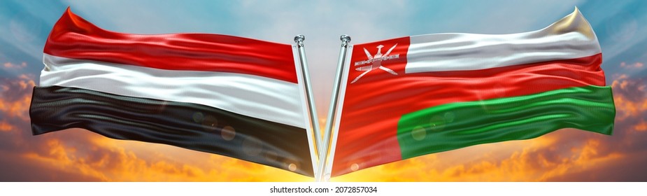 Yemen Flag And Oman Flag Waving With Texture Sky Clouds And Sunset Double Flag - 3D Illustration - 3D Render 