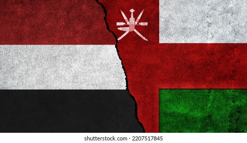 Yemen And Oman Flag Together On A Textured Wall. Relations Between Oman And Yemen